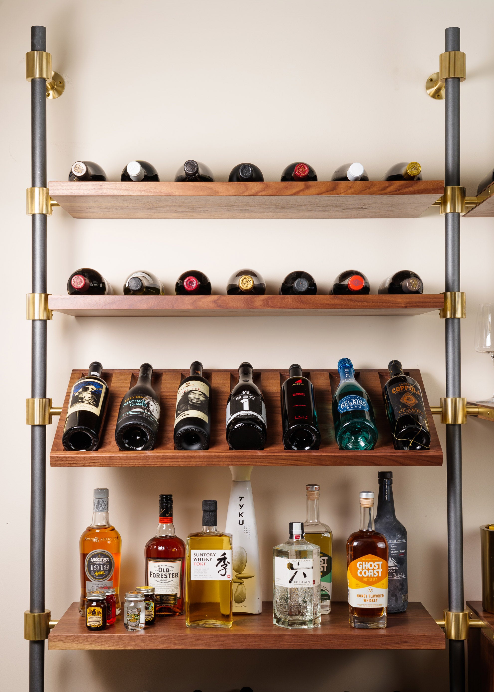 Wine Room Shelving - Brass And Walnut | The Hold - Brass Hardware